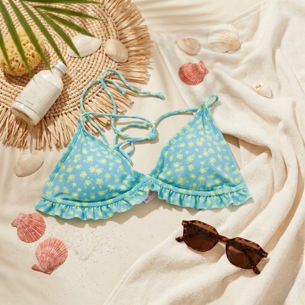 SBF-001_4.jpg Green Floral Bikini Top with White Flowers and Ruffles