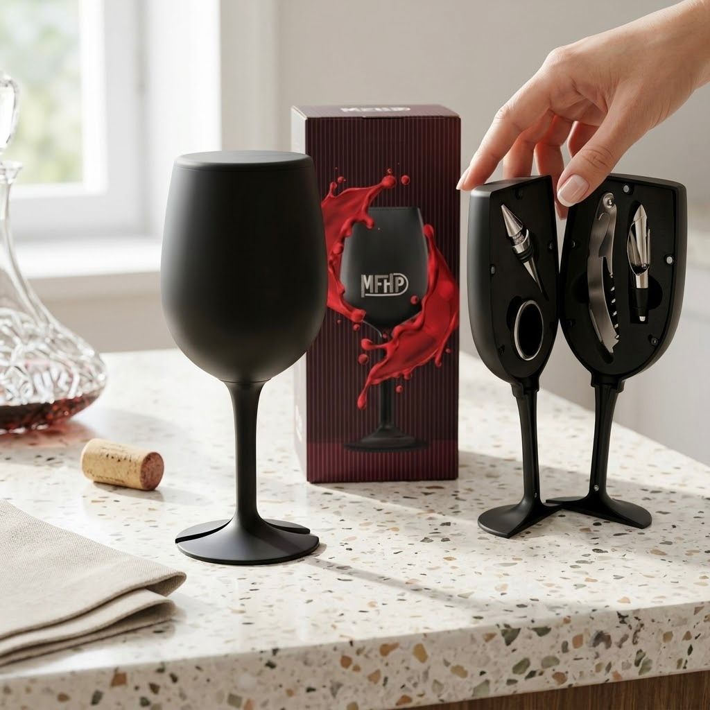 Set de Copa de Vino Negra con Accesorios para Vino – Sacacorchos, Cortacápsulas y Tapón