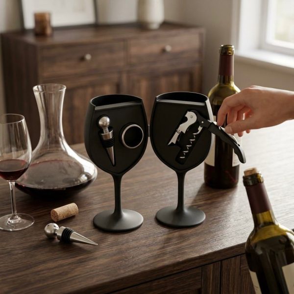 Set de Copa de Vino Negra con Accesorios para Vino – Sacacorchos, Cortacápsulas y Tapón