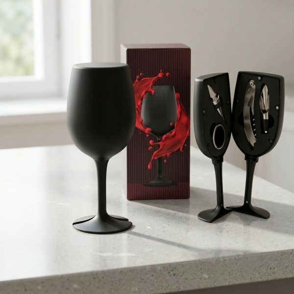Set de Copa de Vino Negra con Accesorios para Vino – Sacacorchos, Cortacápsulas y Tapón