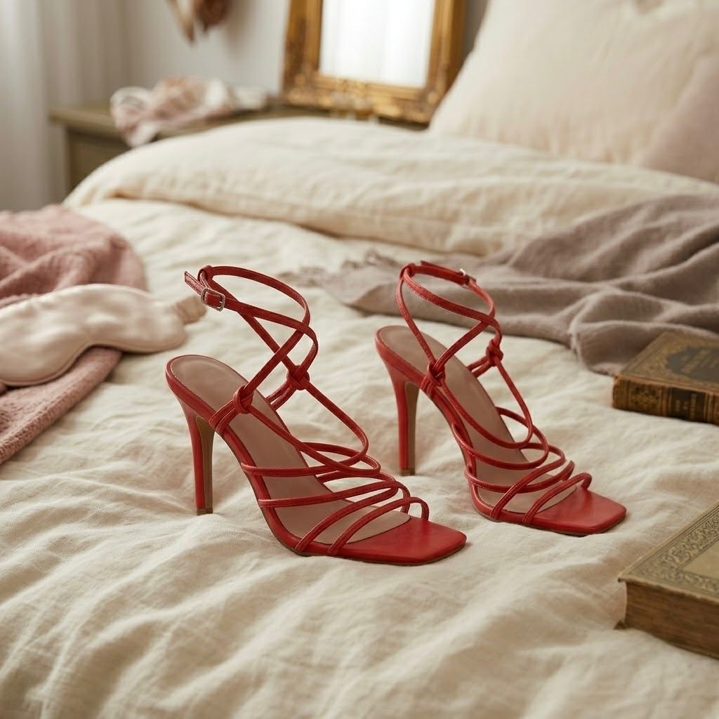 Sandalias de Tacón Rojas con Tiras Finas Cruzadas para Mujer