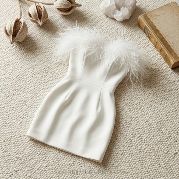 Vestido Blanco Corto de Mujer con Escote Pluma Elegante y Ajustado