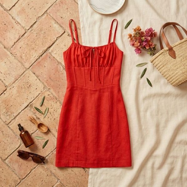 Vestido Corto Rojo de Mujer con Tirantes y Cordones en el Escote Talla 40