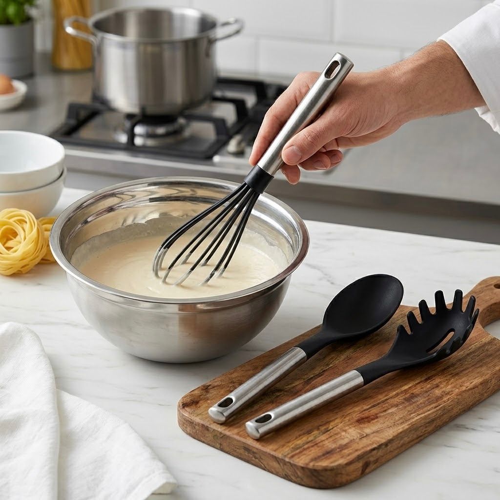 Utensilios de Cocina con Silicona Negra y Mango Metálico | Resistentes
