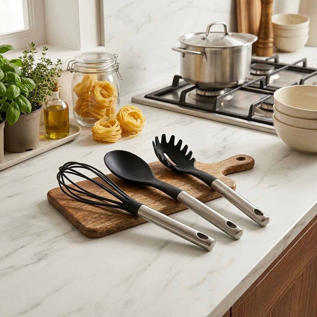 Utensilios de Cocina con Silicona Negra y Mango Metálico | Resistentes