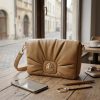 Quilted Clutch and Shoulder Bag in Tan Brown with Metal Clasp
