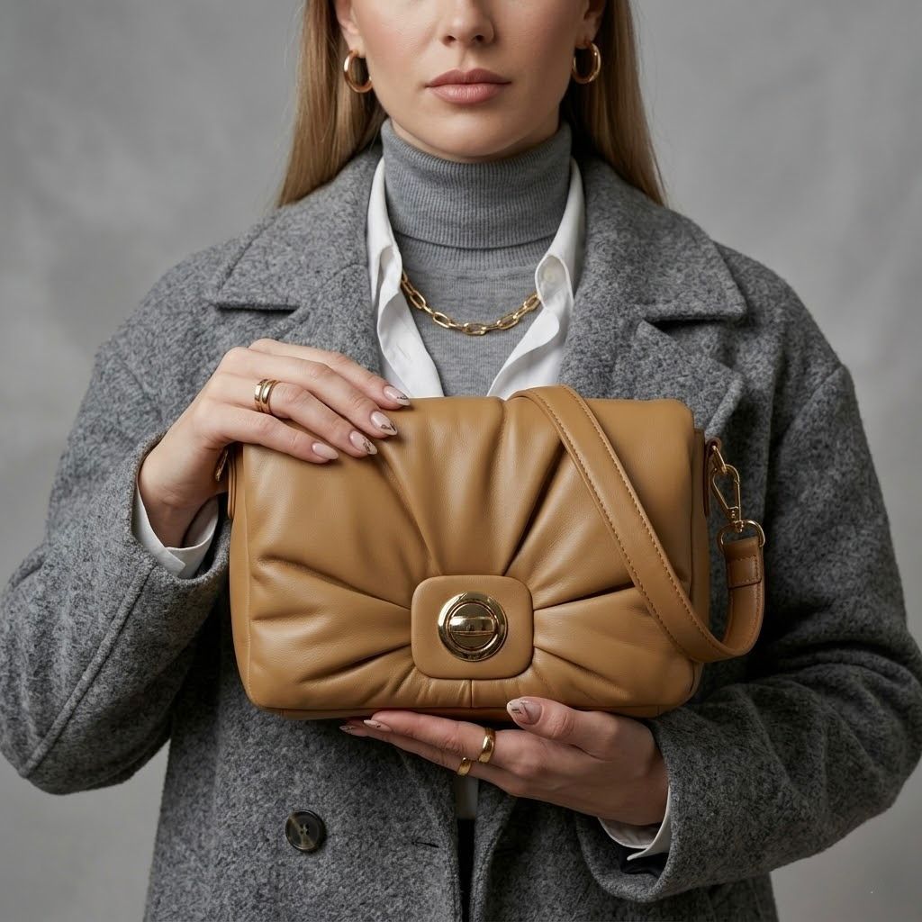 Bolso acolchado tipo clutch y bandolera en color marrón canela