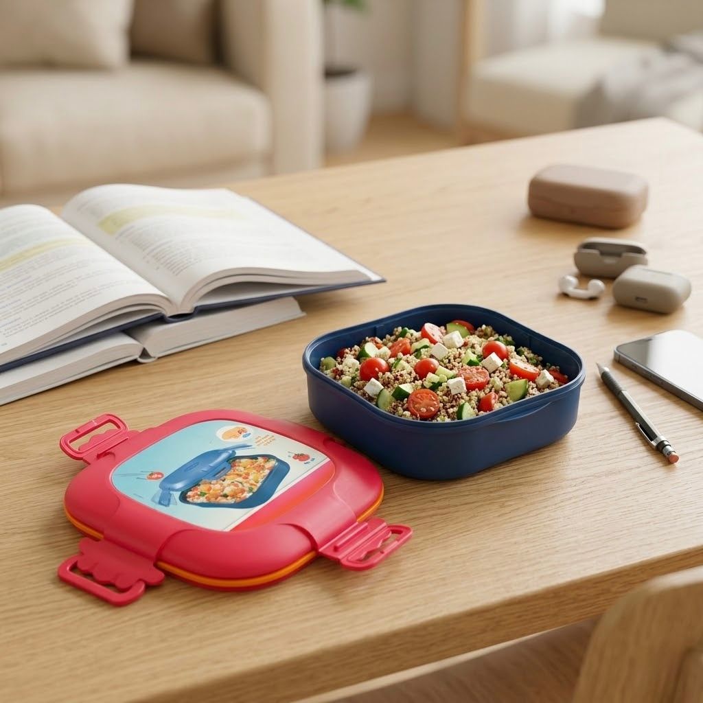 Lonchera cuadrada azul con tapa roja apta para microondas – tupper hermético para comida