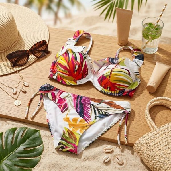 Bikini Floral Tropical para Mujer con Volantes – Conjunto de Dos Piezas Estampado Multicolor
