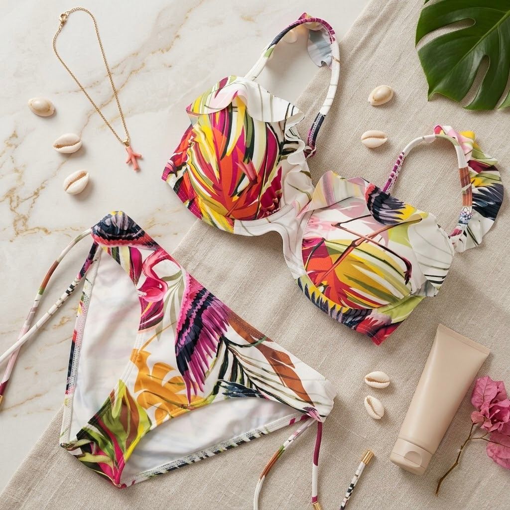 Bikini Floral Tropical para Mujer con Volantes – Conjunto de Dos Piezas Estampado Multicolor