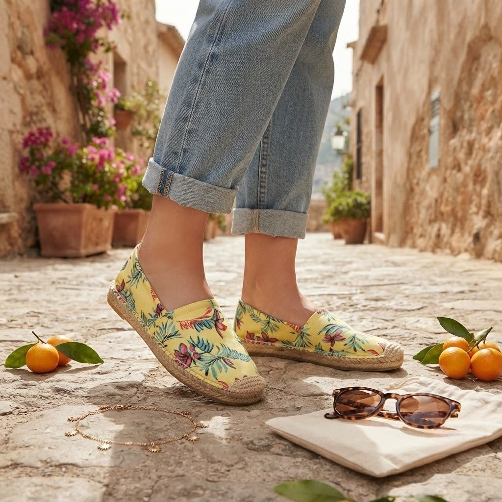 Alpargata de Yute para Mujer con Estampado Floral Amarillo – Suela de Yute Natural