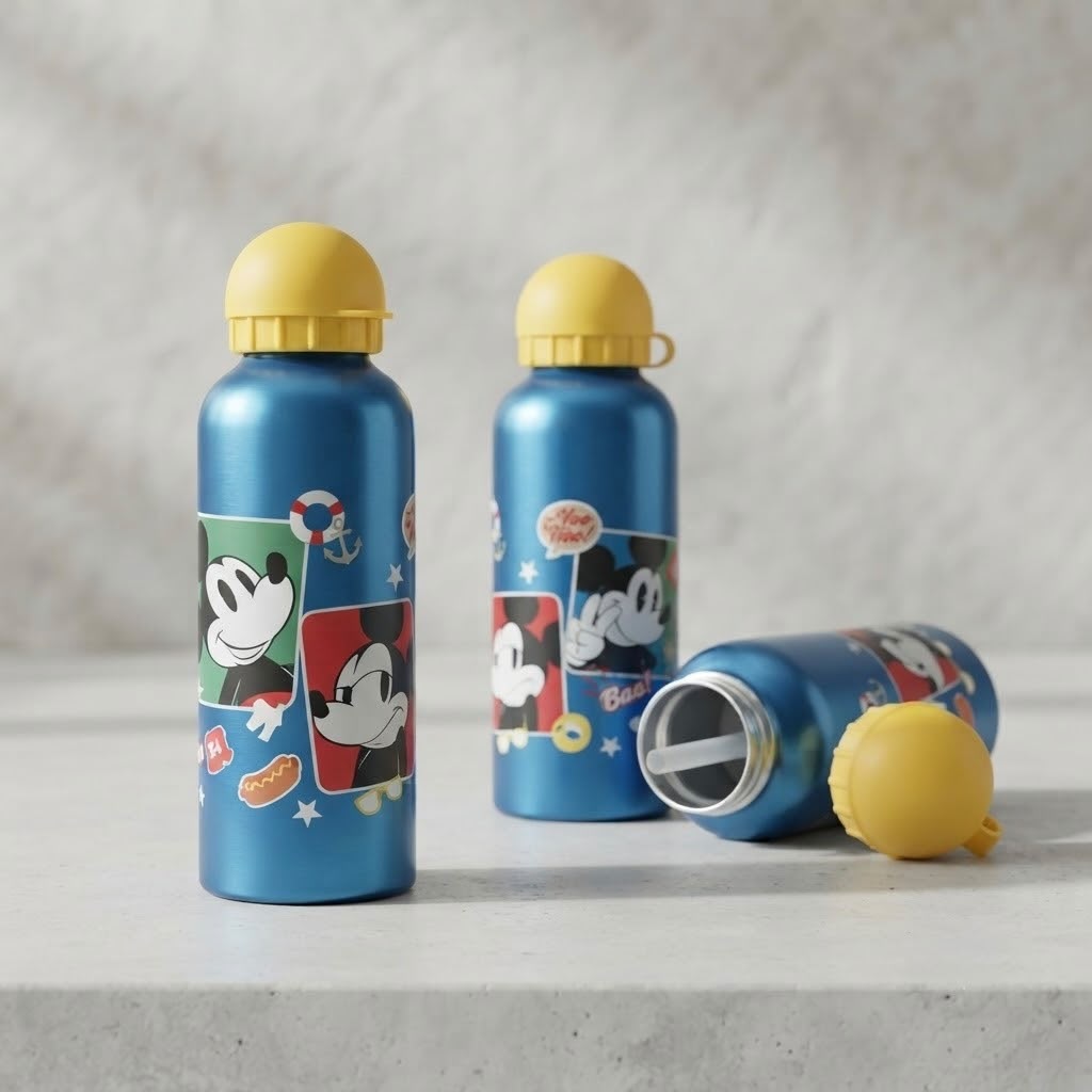 Botella de Aluminio Mickey Mouse con Tapa Redonda de Colores – Botella Reutilizable Infantil