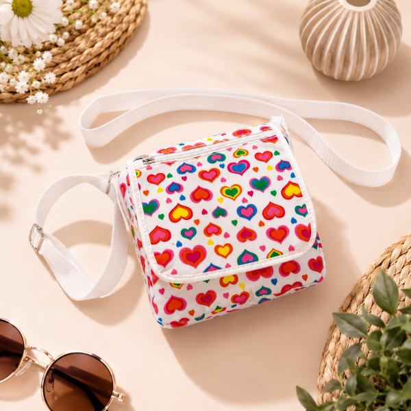 Bolso Bandolera de Mujer Blanco con Estampado de Corazones Multicolor – Bolso Compacto con Correa Ajustable