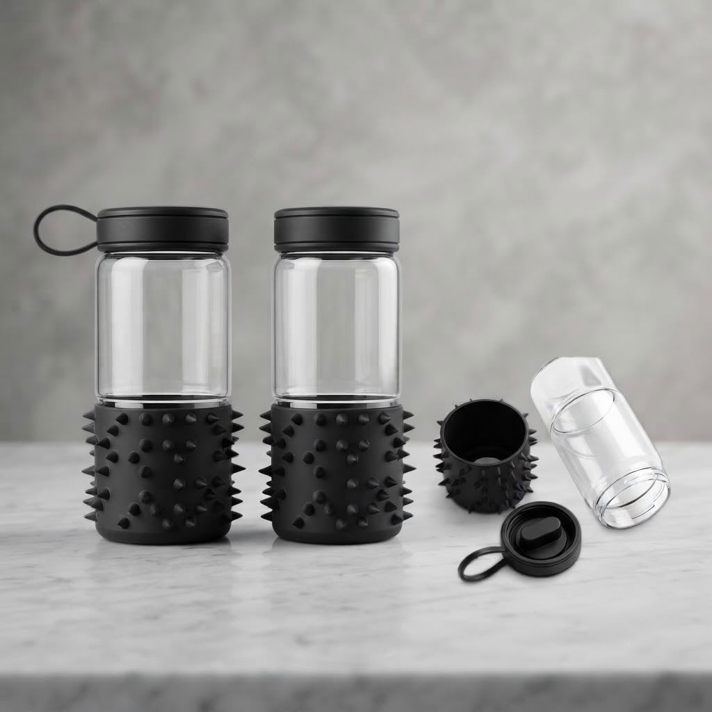 Black Water Bottle with Sensory Silicone Spiked Sleeve – Reusable Non-Slip Bottle