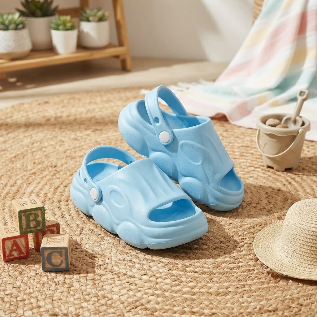 CAZN-001_1.JPG Kids' Light Blue Rubber Slides with Woven Pattern – Size 32