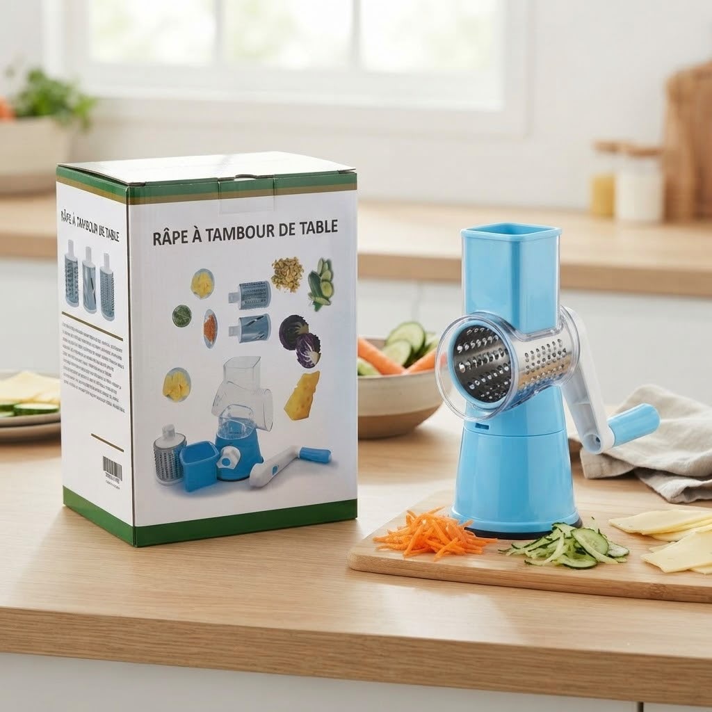 Rallador de Tambor Manual con 3 Cuchillas Intercambiables – Cortador Giratorio para Verduras, Queso y Frutas