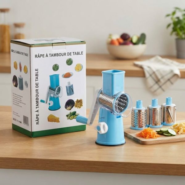 Rallador de Tambor Manual con 3 Cuchillas Intercambiables – Cortador Giratorio para Verduras, Queso y Frutas