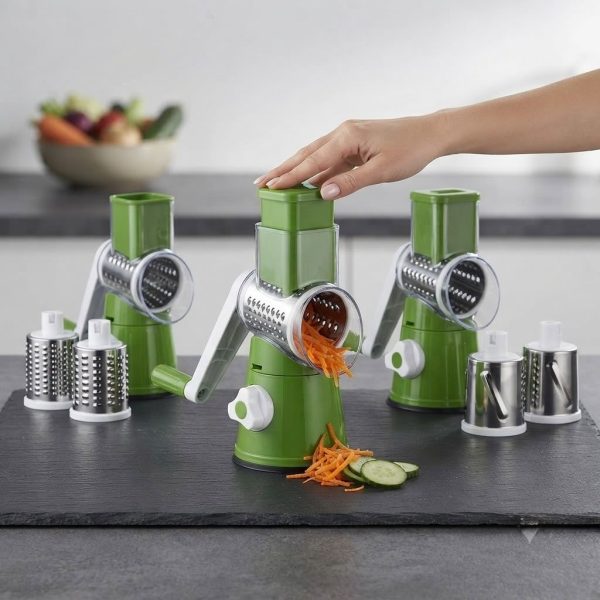 Rallador de Tambor Manual con 3 Cuchillas Intercambiables – Cortador Giratorio para Verduras, Queso y Frutas