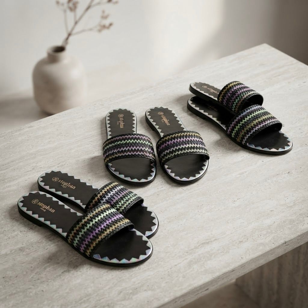 SFNCE-001_3.jpg Sandalias Planas de Mujer Negras con Banda Multicolor – Sandalias Cómodas de Verano con Diseño Étnico