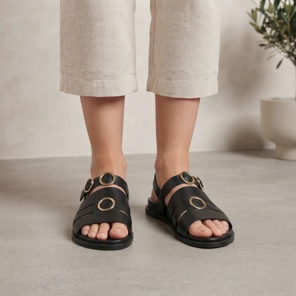 Women's Black Flat Sandals with Gold Buckles – Size 37 | Comfortable Summer Sandals