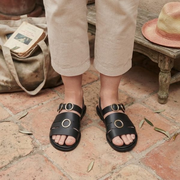 Women's Black Flat Sandals with Gold Buckles – Size 37 | Comfortable Summer Sandals