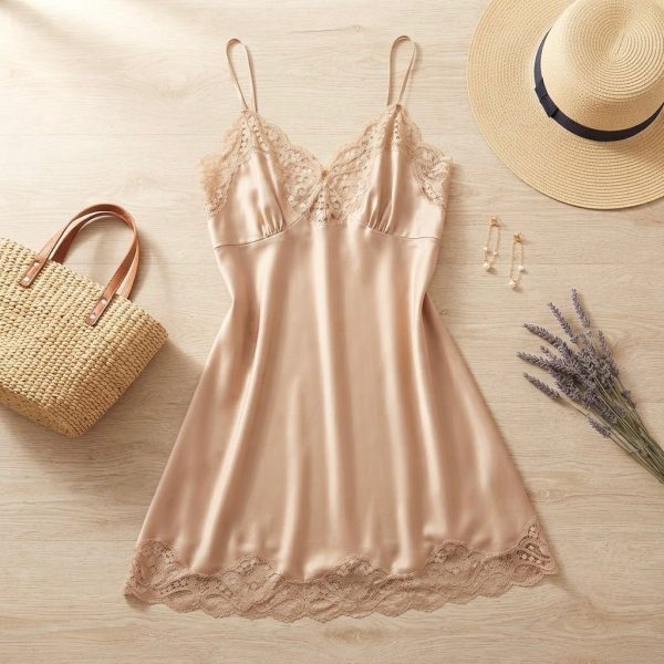 Vestido Corto Satinado Champagne con Encaje – Talla XL Elegante para Mujer