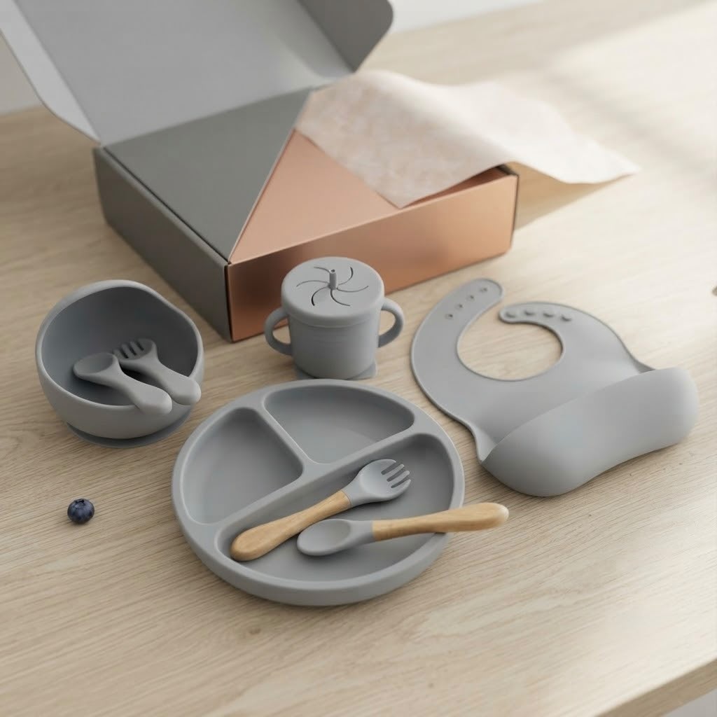 Set de Vajilla de Silicona para Bebé en Caja – Plato, Bol, Vaso y Cubiertos