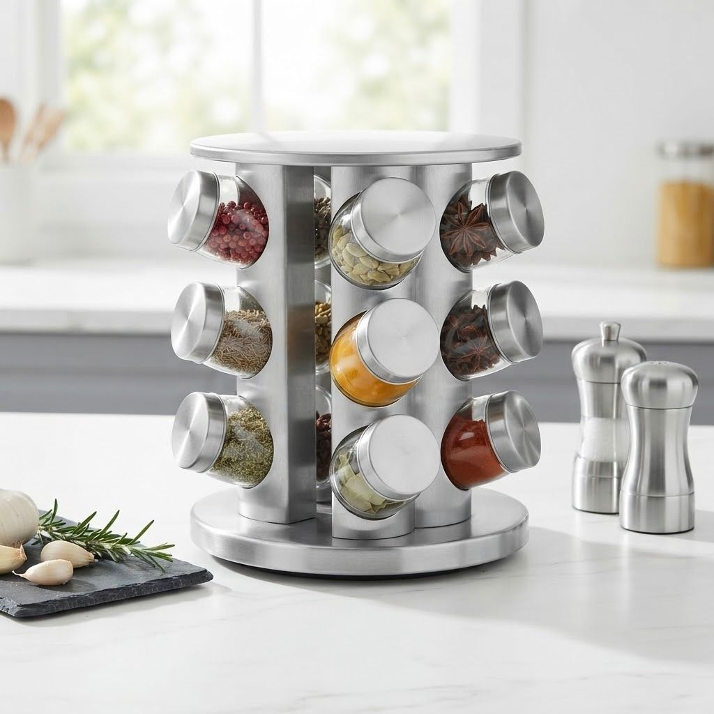 Carrusel Giratorio para Especias con 9 Tarros de Cristal – Organizador de Cocina de Acero Inoxidable