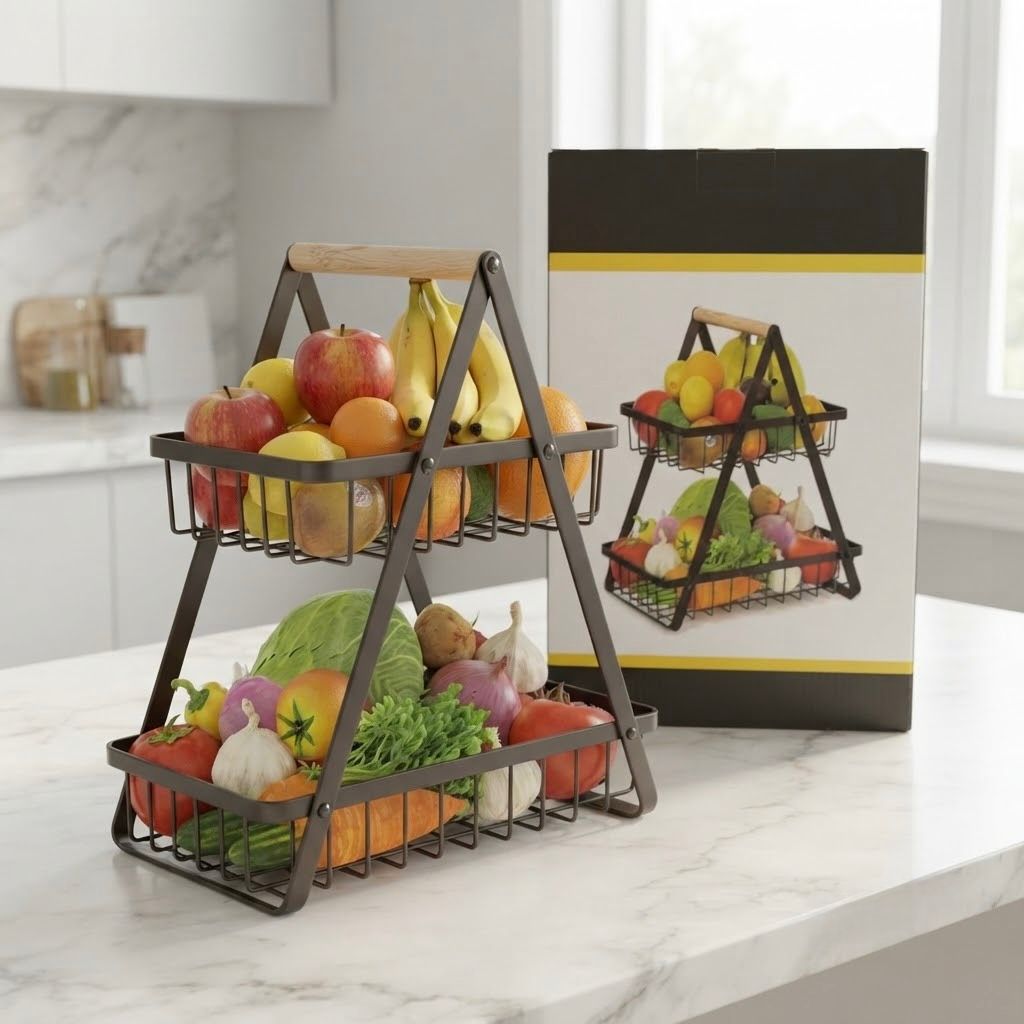 Frutero de 2 Niveles con Asa de Madera – Organizador de Frutas y Verduras para Cocina