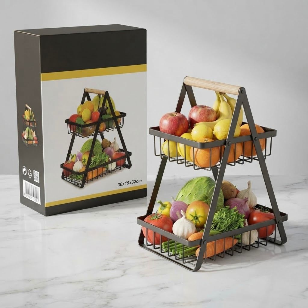 2-Tier Fruit Basket with Wooden Handle – Kitchen Organizer for Fruits and Vegetables