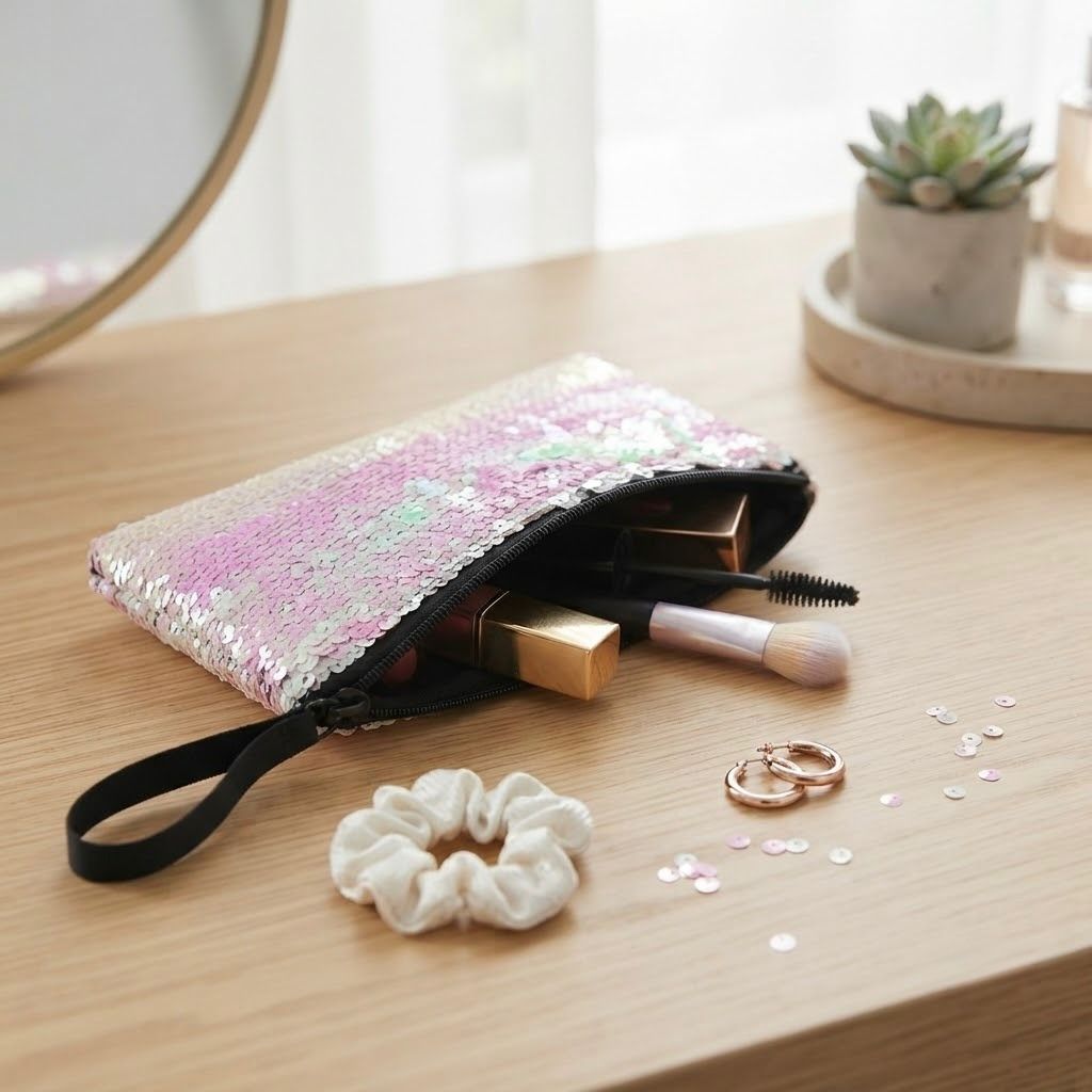 Rectangular Sequin Pencil Case in Light & Dark Pink – Single Zip School Pen Case