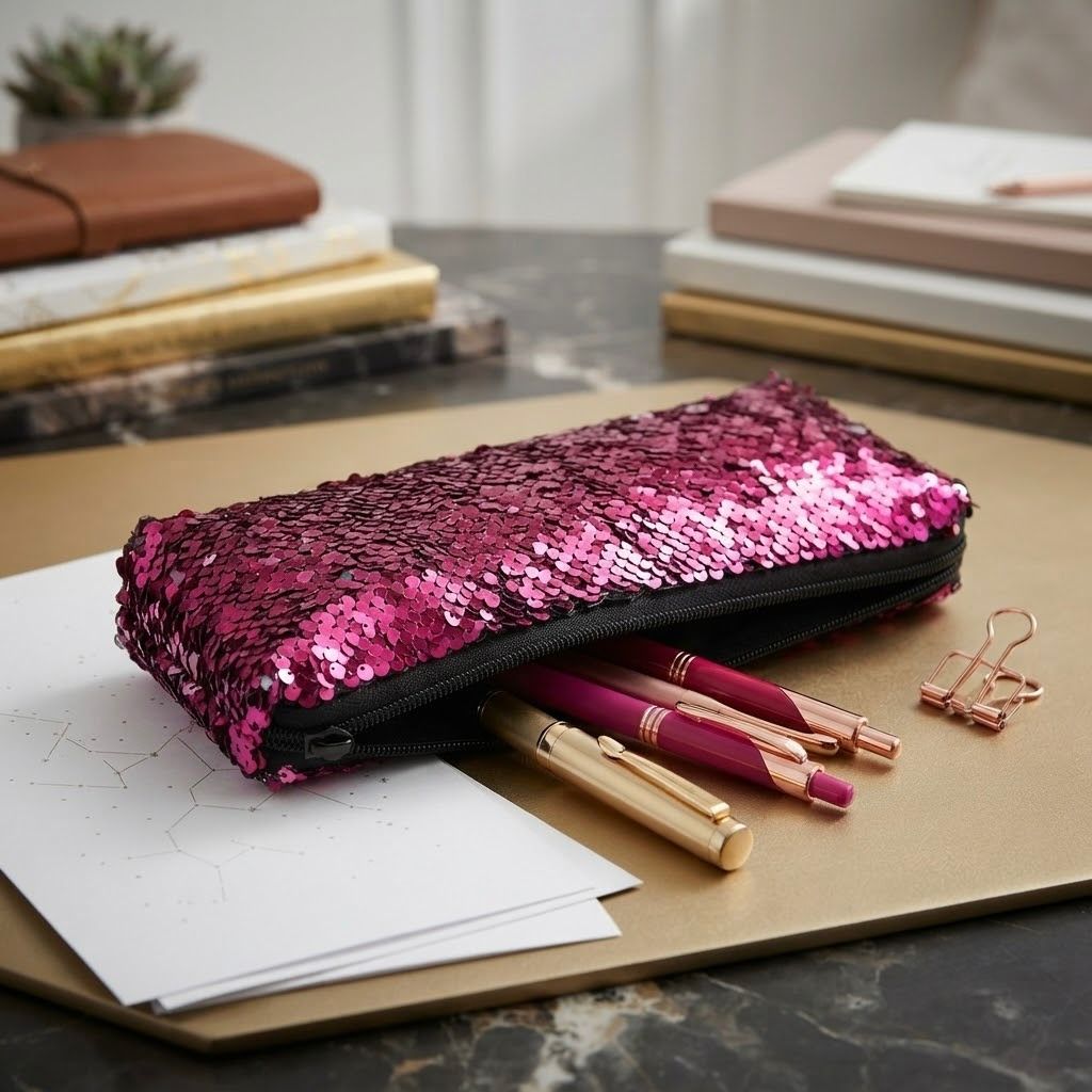 Rectangular Sequin Pencil Case in Light & Dark Pink – Single Zip School Pen Case