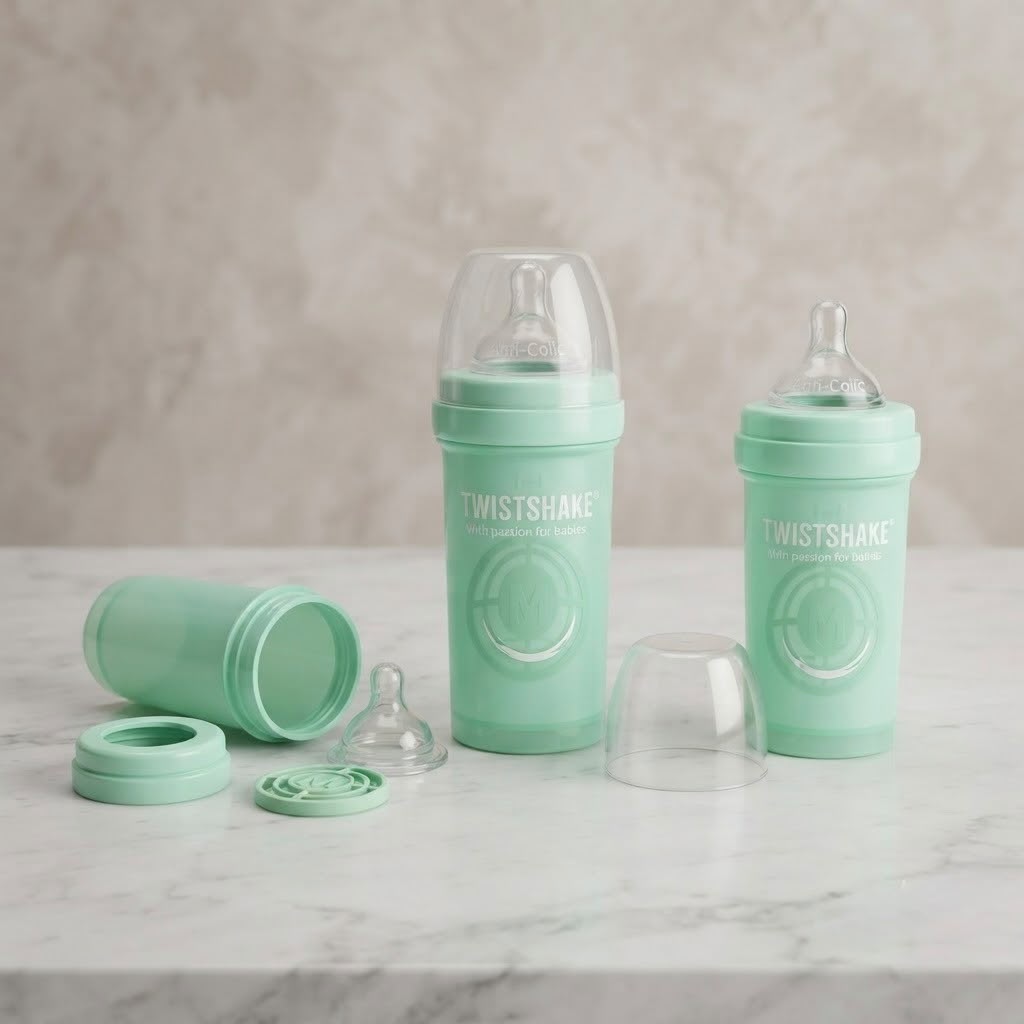 Biberón Anticólico de 260 ml Verde con Dosificador de Leche en Polvo y Rejilla Antigrumos