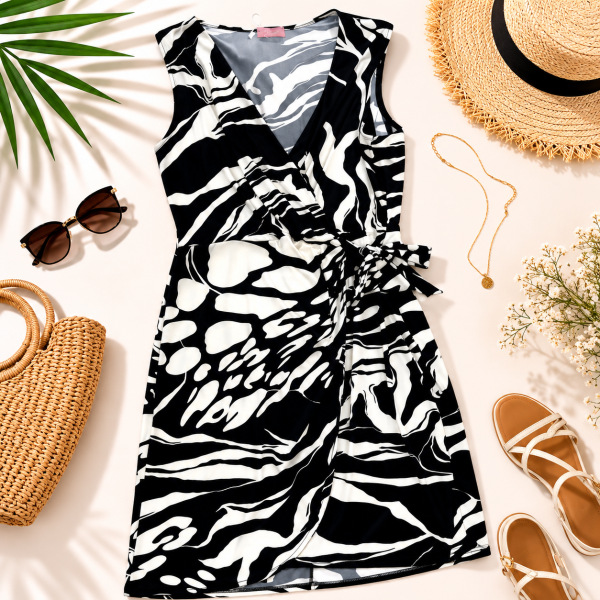 Vestido Cruzado de Mujer Blanco y Negro con Estampado Abstracto – Vestido Elegante de Verano Talle Unico