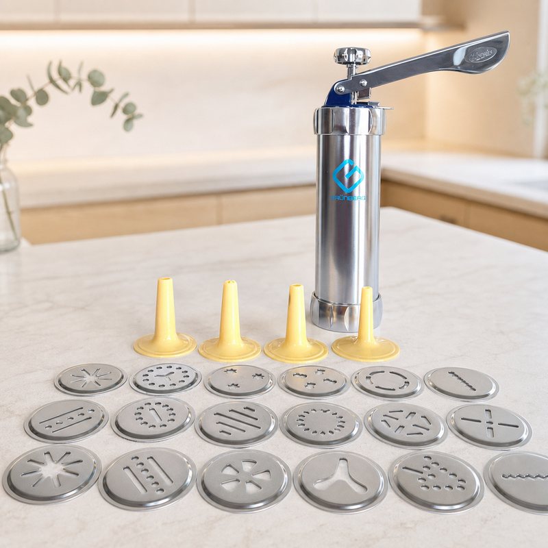 Prensa manual para galletas Grünberg con discos metálicos y cuatro boquillas.