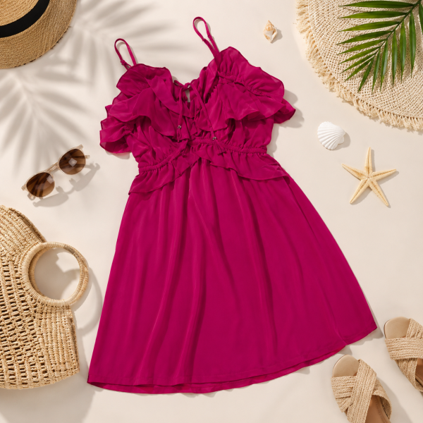 Vestido Midi Fucsia de Mujer con Volantes y Tirantes Ajustables – Vestido de Verano Elegante