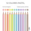 12 lápices de colores pastel triangulares con muestras de color