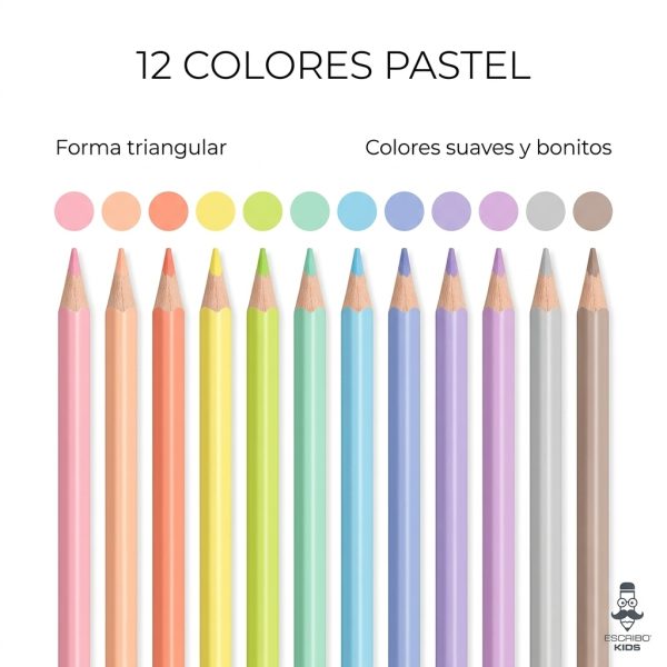 12 lápices de colores pastel triangulares con muestras de color