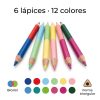 Infografía de 6 lápices bicolor triangulares con 12 colores