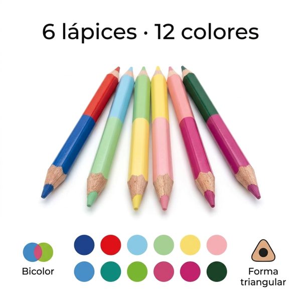 Infografía de 6 lápices bicolor triangulares con 12 colores