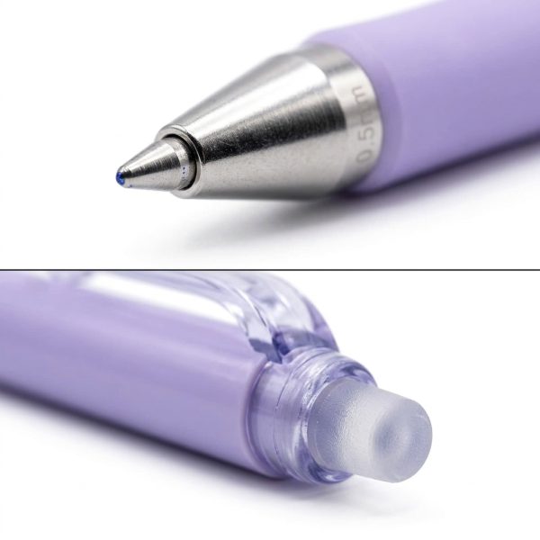 Bolígrafo gel borrable 0,5 mm - detalle Detalle de punta y borrador de bolígrafo gel borrable 0,5 mm
