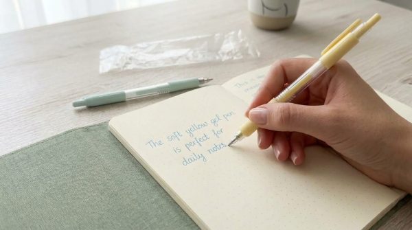 Mano escribiendo en libreta con bolígrafo pastel amarillo