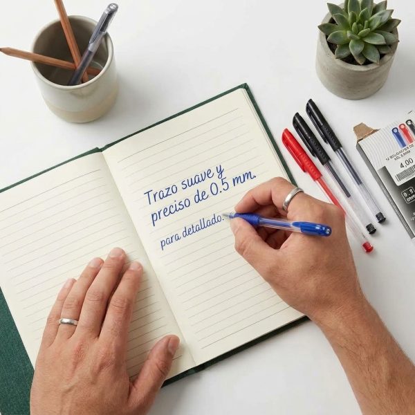 Bolígrafos de gel 0,5 mm en uso Mano escribiendo con bolígrafo de gel de 0,5 mm en cuaderno