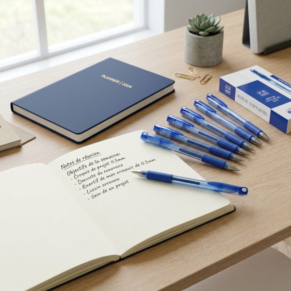 Bolígrafos de gel azul de 0,5 mm sobre escritorio con cuaderno