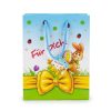 Bolsa de regalo de Pascua con conejo, lazo amarillo impreso y asas azules, vista frontal.