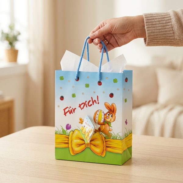 Bolsa de regalo de Pascua con conejo preparada para entregar, con papel de seda decorativo no incluido.