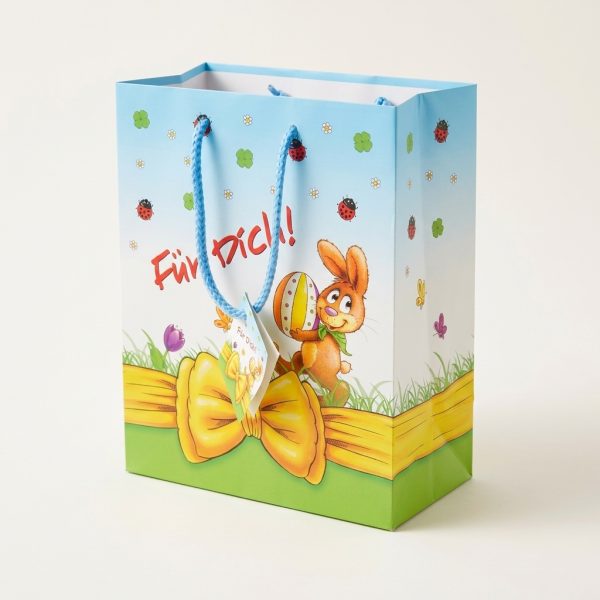 Vista lateral de la bolsa de regalo de Pascua con conejo y tarjeta colgante.
