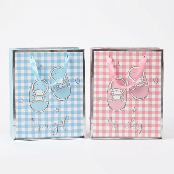 Bolsas de regalo para bebé rosa y azul con cuadros, dibujos de patucos y asas de cinta