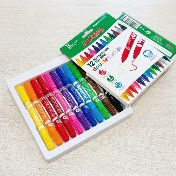 Caja abierta con los rotuladores Alpino Double de colores