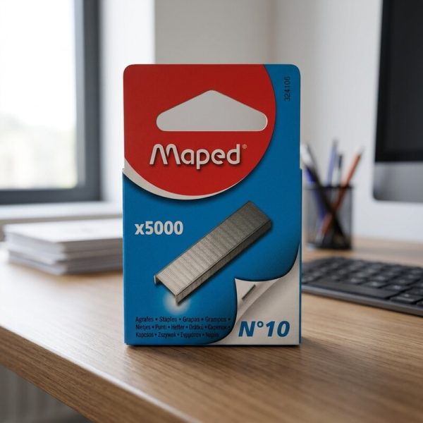 Caja de 5000 grapas Maped número 10 sobre un escritorio de oficina